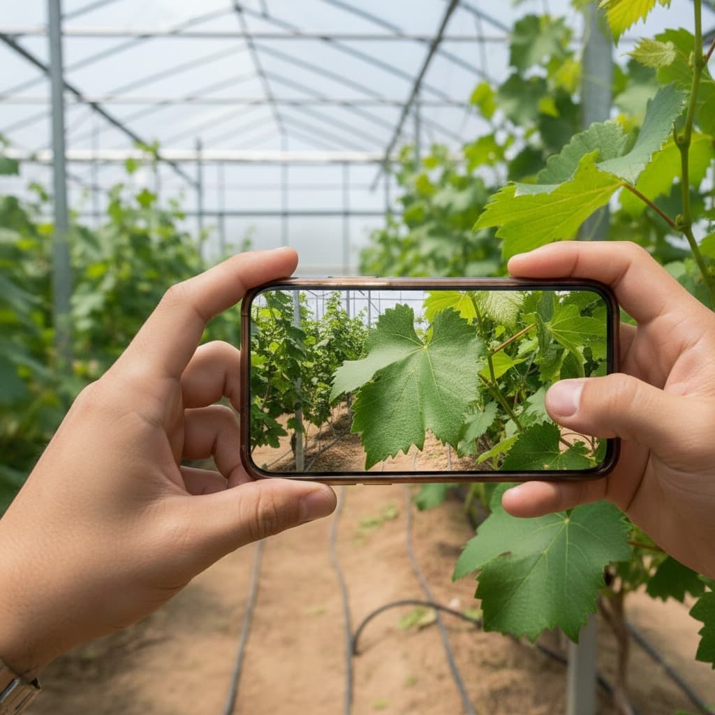 스마트폰으로 포도 잎의 뒷면을 촬영하는 모습